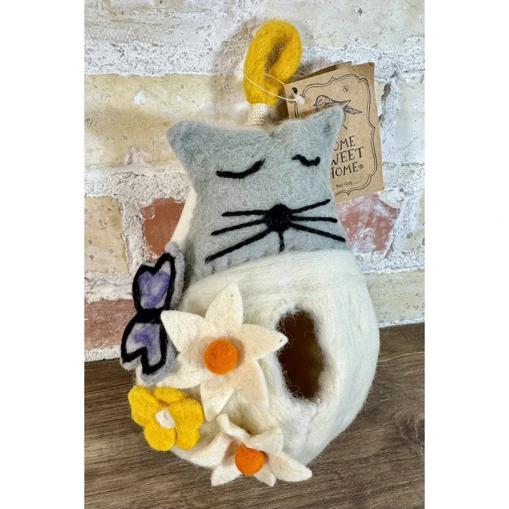 Felted Wool Birdhouse Cat Lover Gift Butterfly Bird Cozy Handmade Indoor Outdoor